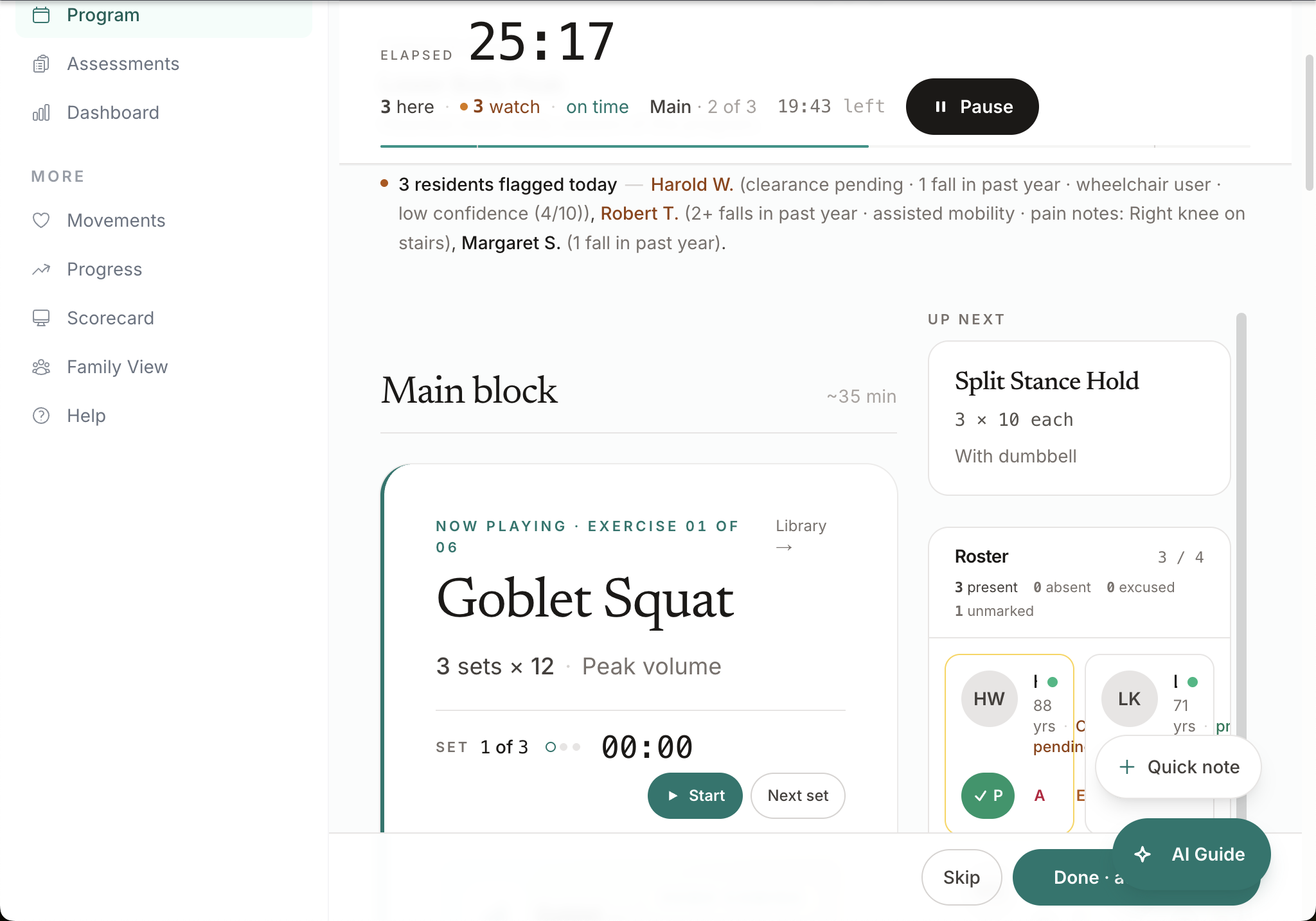 Live session screen at tablet width — running timer, current exercise with set tracker, resident roster with attendance, and the advance bar.